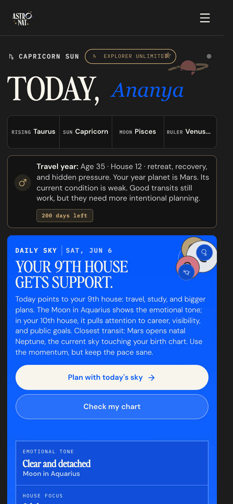 AstroNat dashboard mobile preview for sample profile Ananya Rao